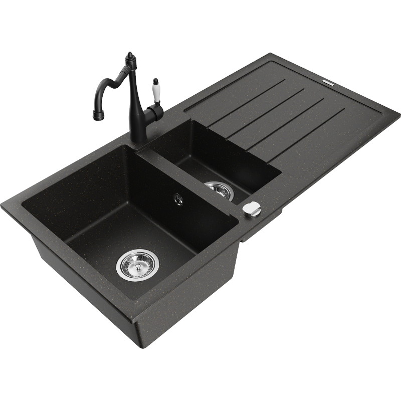 Mexen Andres granite sink 1.5-bowl with drainer and kitchen faucet Carla, black/gold - 6515-75-670700-70