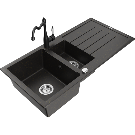 Mexen Andres 1.5-compartment granite sink with a drip tray and kitchen mixer tap Carla, Black/Gold - 6515-75-670700-70