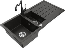 Mexen Andres granite sink 1.5-bowl with drainer and Carla kitchen tap, black/gold - 6515-75-670700-70