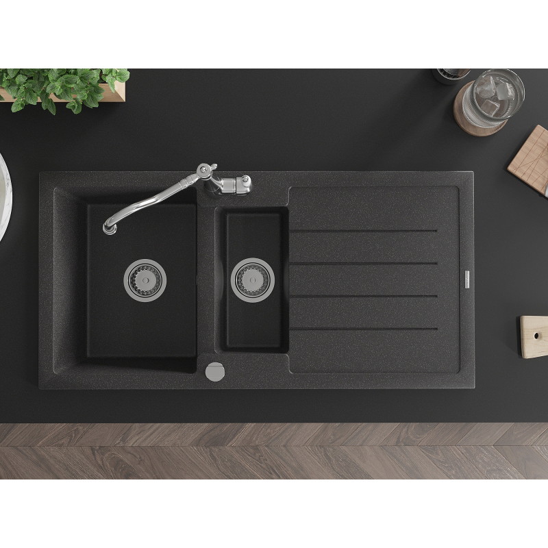 Mexen Andres granit sink 1.5-bowl with drainer and kitchen faucet Carla, black speckled - 6515-76-670700-00