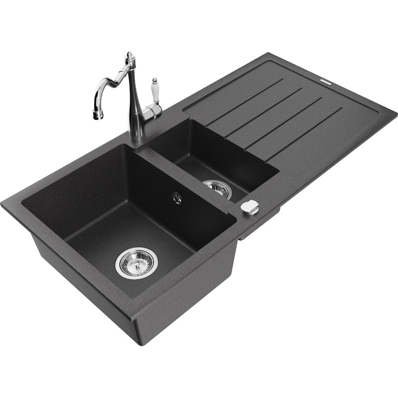 Mexen Andres 1.5-bowl granite sink with drainer and Carla kitchen faucet, black speckled - 6515-76-670700-00