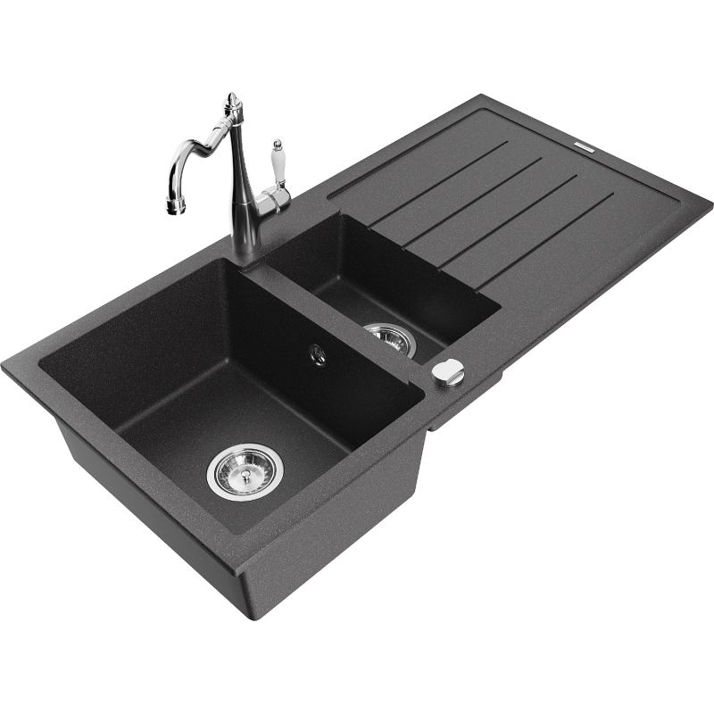Mexen Andres 1.5-compartment granite sink with a drip tray and kitchen mixer tap Carla, spotted black - 6515-76-670700-00