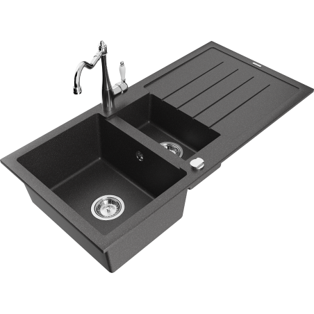 Mexen Andres 1.5-bowl granite sink with drainer and Carla kitchen faucet, black speckled - 6515-76-670700-00