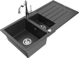 Mexen Andres 1.5-compartment granite sink with a drip tray and kitchen mixer tap Carla, spotted black - 6515-76-670700-00