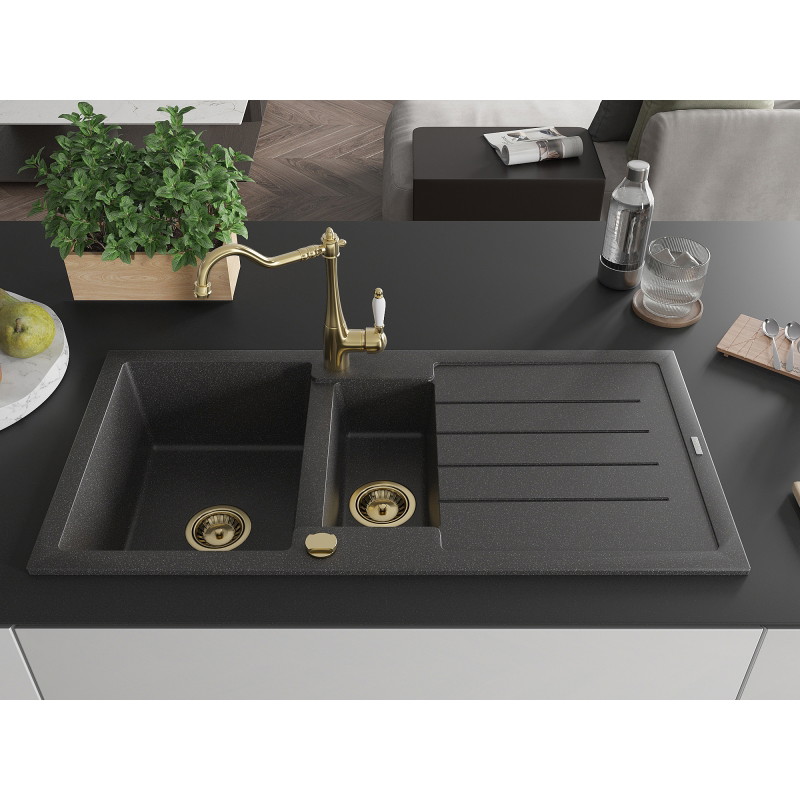 Mexen Andres granite sink 1.5-bowl with drainer and kitchen faucet Carla, speckled black - 6515-76-670700-50