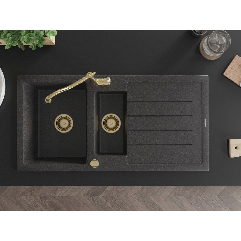 Mexen Andres granite sink 1.5-bowl with drainer and Carla kitchen tap, speckled black - 6515-76-670700-50