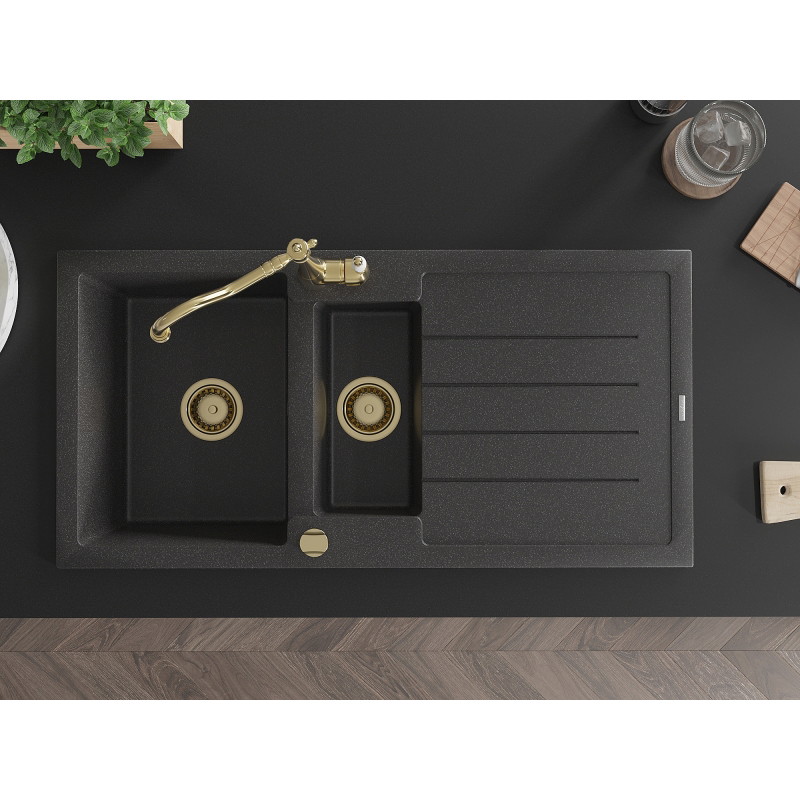 Mexen Andres granite sink 1.5-bowl with drainer and kitchen faucet Carla, black speckled - 6515-76-670700-50