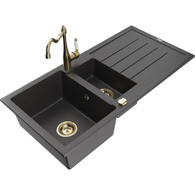 Mexen Andres granite sink 1.5-bowl with drainer and kitchen faucet Carla, black speckled - 6515-76-670700-50