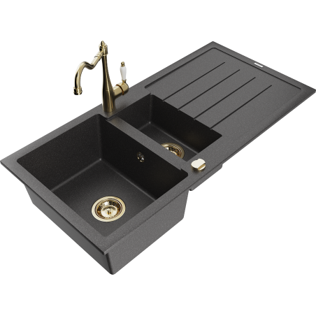 Mexen Andres granite sink 1.5-bowl with drainer and kitchen faucet Carla, black speckled - 6515-76-670700-50