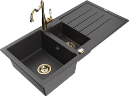 Mexen Andres granite sink 1.5-bowl with drainer and kitchen faucet Carla, speckled black - 6515-76-670700-50