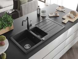 Mexen Andres 1.5-bowl granite sink with drainer and Carla kitchen faucet, black speckled - 6515-76-670700-70