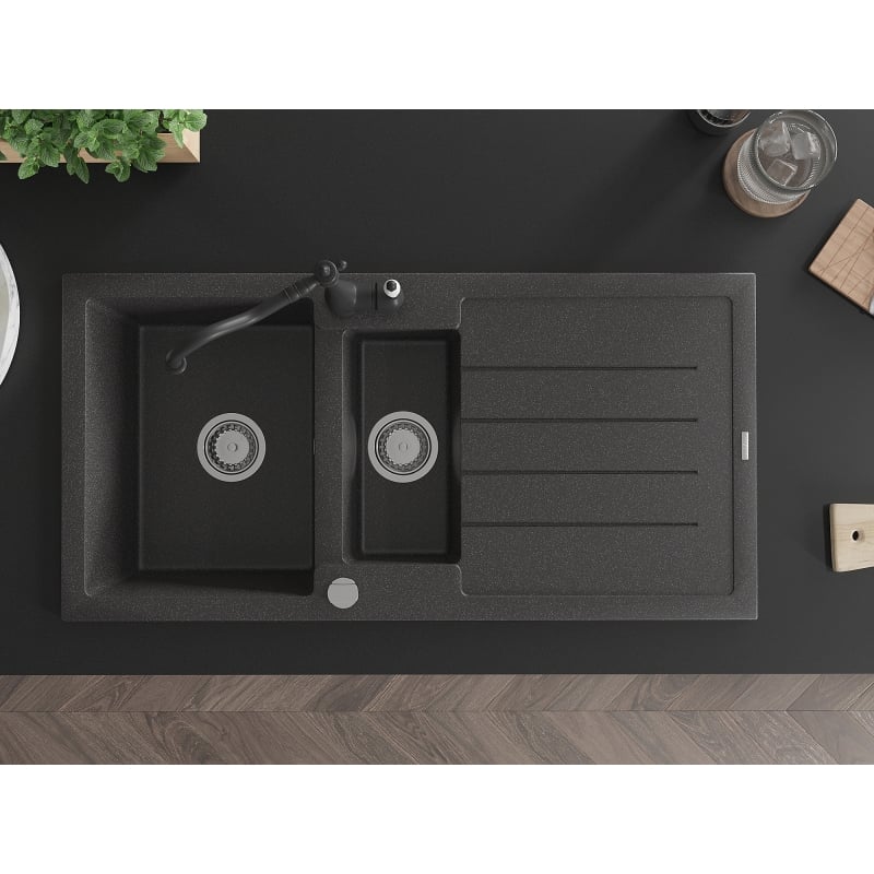 Mexen Andres 1.5-bowl granite sink with drainer and Carla kitchen faucet, black speckled - 6515-76-670700-70