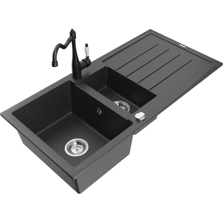 Mexen Andres 1.5-bowl granite sink with drainer and Carla kitchen faucet, black speckled - 6515-76-670700-70