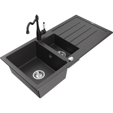 Mexen Andres granite sink 1.5-bowl with drainer and kitchen faucet Carla, speckled black - 6515-76-670700-70