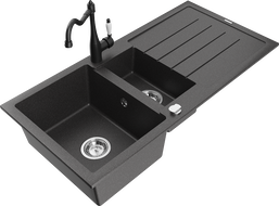Mexen Andres granite sink 1.5-bowl with drainer and Carla kitchen tap, black speckled - 6515-76-670700-70