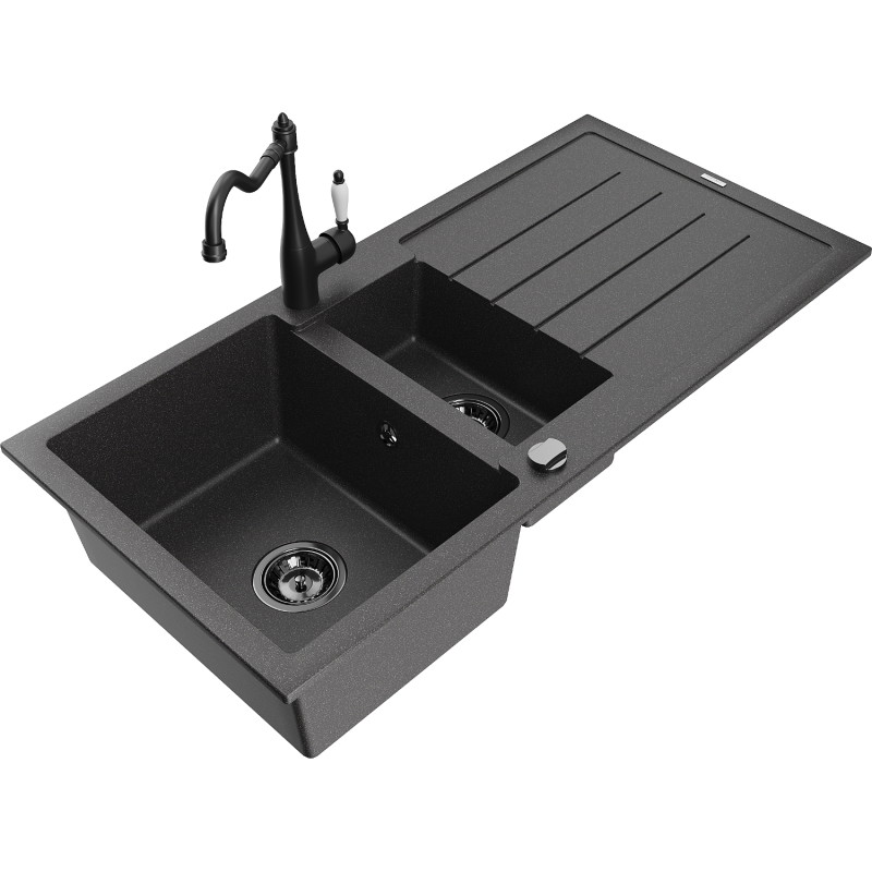 Mexen Andres 1.5-bowl granite sink with drainer and Carla kitchen faucet, black speckled - 6515-76-670700-70-B