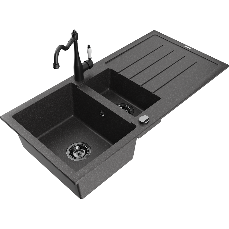 Mexen Andres 1.5-compartment granite sink with a drip tray and kitchen mixer tap Carla, spotted black - 6515-76-670700-70-B