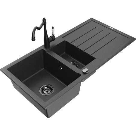 Mexen Andres 1.5-bowl granite sink with drainer and Carla kitchen faucet, black speckled - 6515-76-670700-70-B