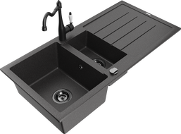 Mexen Andres granite sink 1.5-bowl with drainer and Carla kitchen faucet, black speckled - 6515-76-670700-70-B