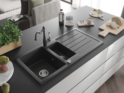 Mexen Andres granite sink 1.5-bowl with drainer and Carla kitchen faucet, black speckled - 6515-76-670700-76