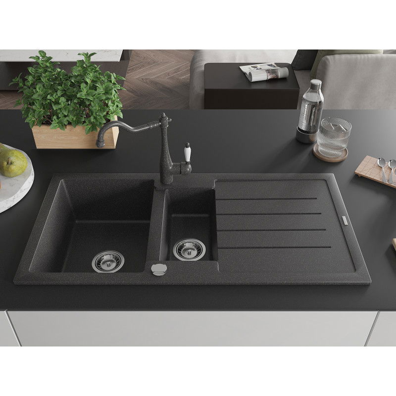 Mexen Andres granite sink 1.5-bowl with drainer and Carla kitchen tap, black speckled - 6515-76-670700-76