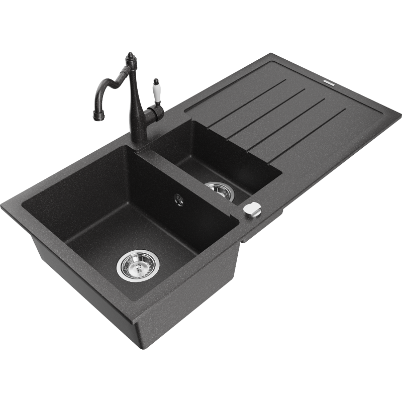 Mexen Andres 1.5-compartment granite sink with a drip tray and kitchen mixer tap Carla, spotted black - 6515-76-670700-76