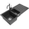Mexen Andres 1.5-bowl granite sink with drainer and Carla kitchen faucet, black speckled - 6515-76-670700-76