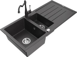 Mexen Andres granite sink 1.5-bowl with drainer and Carla kitchen tap, black speckled - 6515-76-670700-76