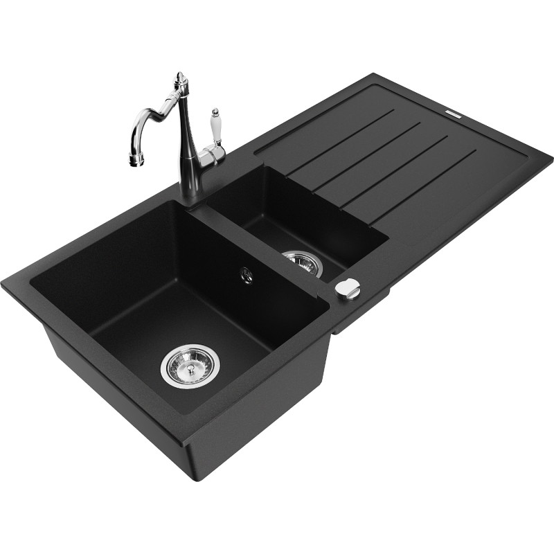 Mexen Andres 1.5-bowl granite sink with drainer and kitchen faucet Carla, black - 6515-77-670700-00
