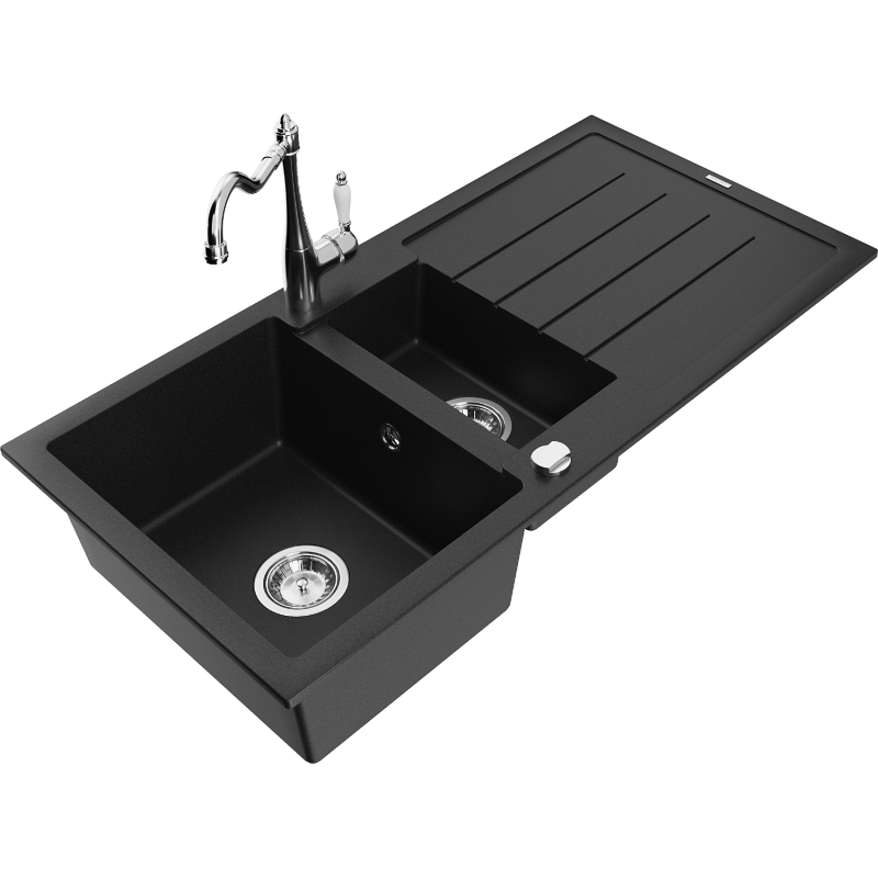 Mexen Andres 1.5-compartment granite sink with a drip tray and kitchen mixer tap Carla, Black - 6515-77-670700-00
