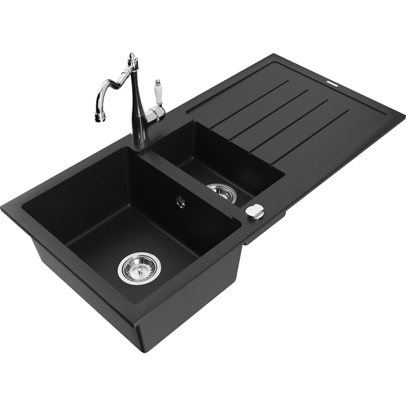 Mexen Andres granite sink 1.5-bowl with drainer and Carla kitchen faucet, black - 6515-77-670700-00