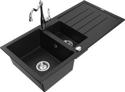 Mexen Andres 1.5-bowl granite sink with drainer and Carla kitchen tap, black - 6515-77-670700-00