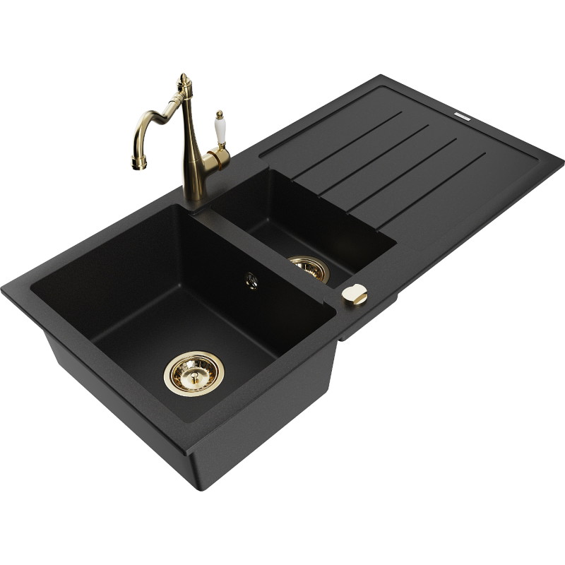 Mexen Andres 1.5-bowl granite sink with drainer and Carla kitchen faucet, black - 6515-77-670700-50