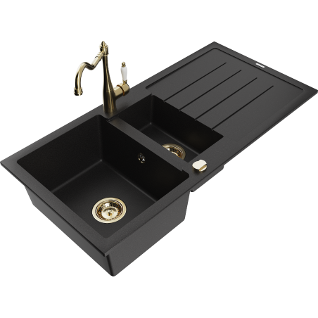Mexen Andres 1.5-bowl granite sink with drainer and Carla kitchen faucet, black - 6515-77-670700-50