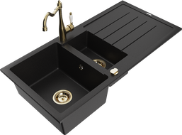 Mexen Andres 1.5-bowl Granite Sink with Drainer and Carla Kitchen Faucet, Black - 6515-77-670700-50