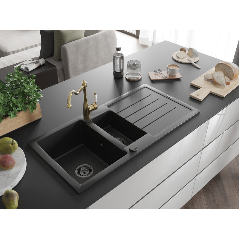 Mexen Andres granite sink 1.5-bowl with drainer and Carla kitchen faucet, black - 6515-77-670700-50-B