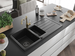 Mexen Andres granite sink 1.5-bowl with drainer and Carla kitchen tap, black - 6515-77-670700-50-B