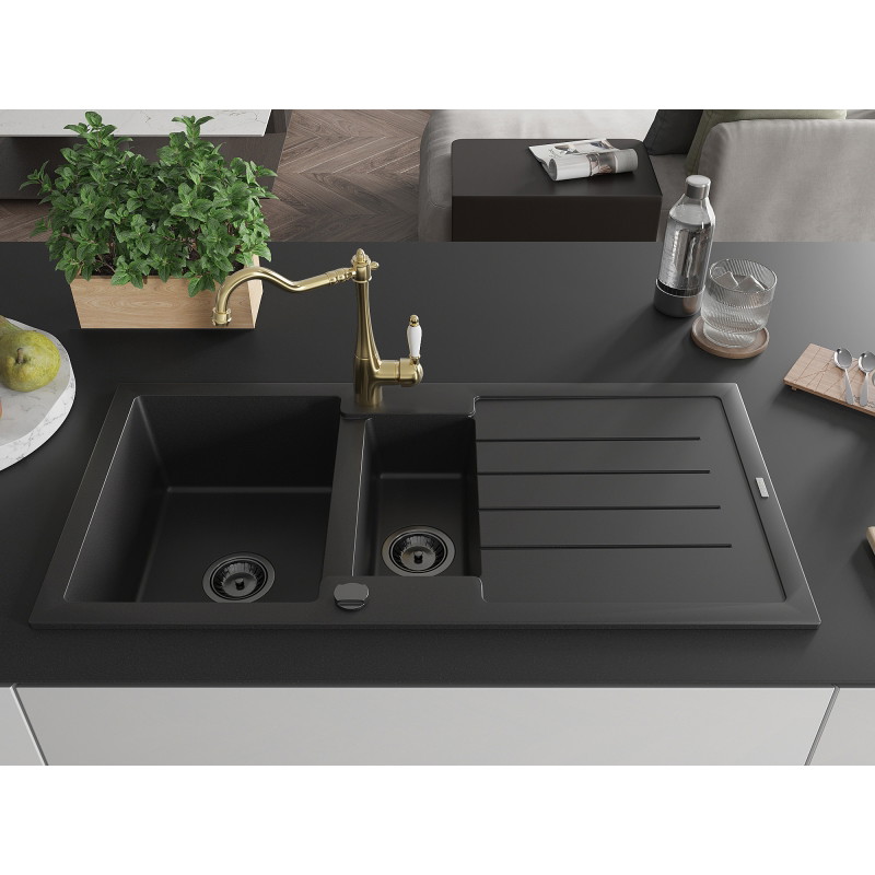 Mexen Andres granite kitchen sink 1.5-bowl with drainer and kitchen faucet Carla, black - 6515-77-670700-50-B
