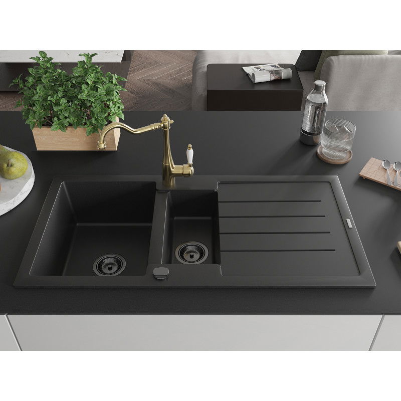 Mexen Andres granite sink 1.5-bowl with drainer and Carla kitchen tap, black - 6515-77-670700-50-B