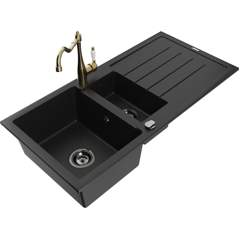 Mexen Andres granite kitchen sink 1.5-bowl with drainer and kitchen faucet Carla, black - 6515-77-670700-50-B