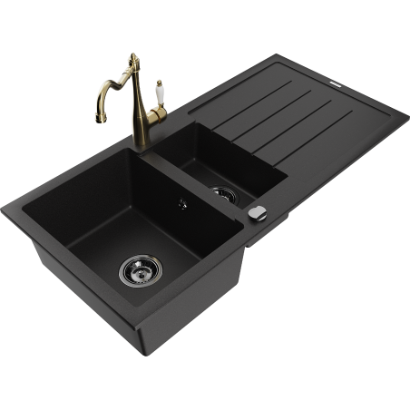 Mexen Andres granite sink 1.5-bowl with drainer and Carla kitchen faucet, black - 6515-77-670700-50-B
