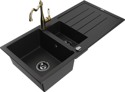 Mexen Andres 1.5-compartment granite sink with a drip tray and kitchen mixer tap Carla, Black - 6515-77-670700-50-B
