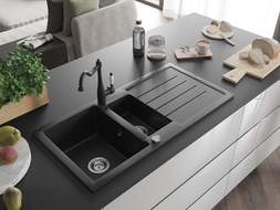 Mexen Andres 1.5-compartment granite sink with a drip tray and kitchen mixer tap Carla, Black - 6515-77-670700-70