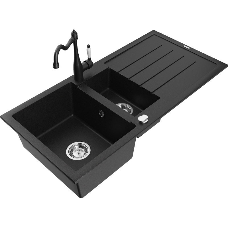 Mexen Andres granite sink 1.5-bowl with drainer and kitchen faucet Carla, black - 6515-77-670700-70