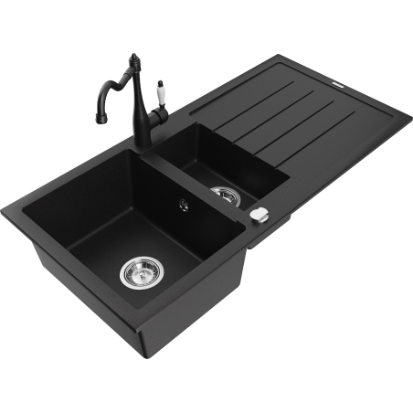 Mexen Andres granite sink 1.5-bowl with drainer and kitchen faucet Carla, black - 6515-77-670700-70