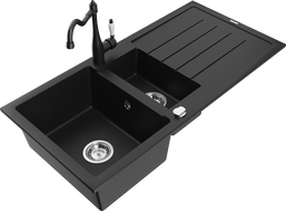 Mexen Andres granite sink 1.5-bowl with drainer and kitchen faucet Carla, black - 6515-77-670700-70