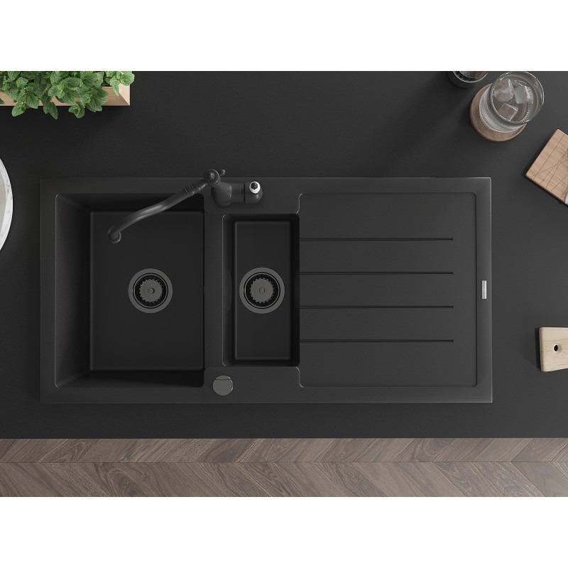 Mexen Andres 1.5-bowl granite sink with drainer and Carla kitchen faucet, black - 6515-77-670700-70-B