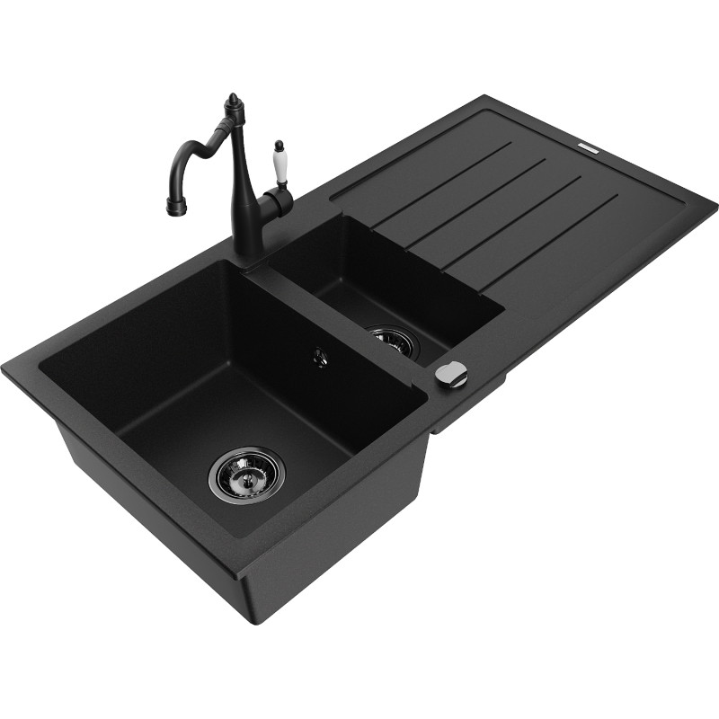 Mexen Andres 1.5-bowl granite sink with drainer and Carla kitchen faucet, black - 6515-77-670700-70-B