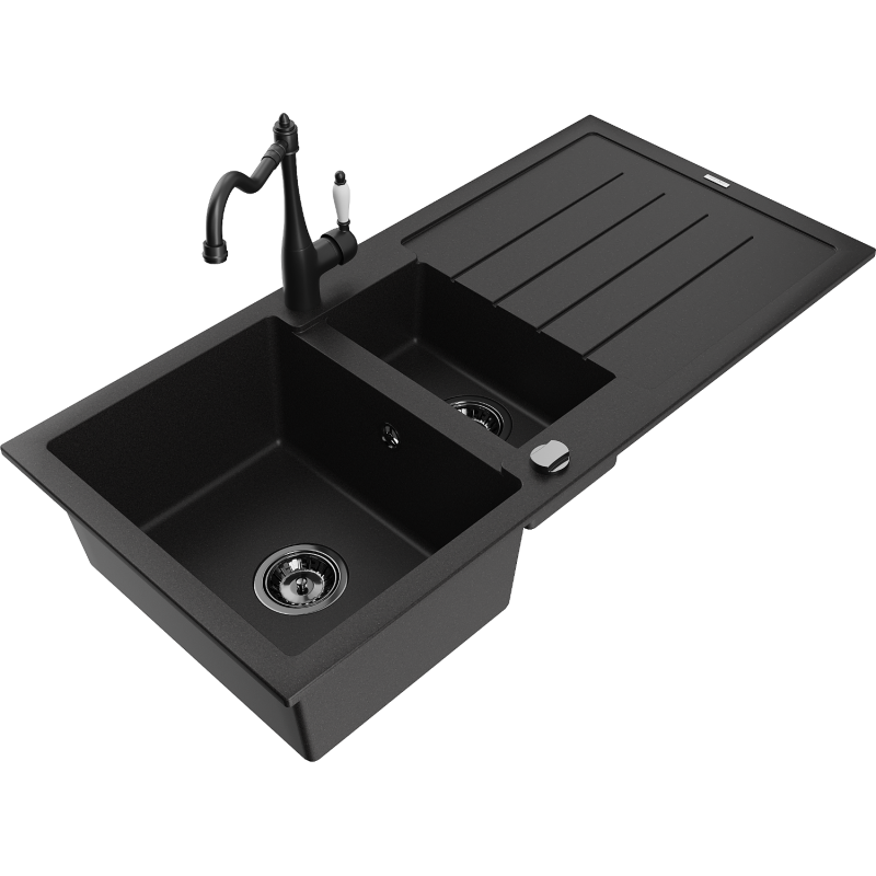 Mexen Andres 1.5-compartment granite sink with a drip tray and kitchen mixer tap Carla, Black - 6515-77-670700-70-B