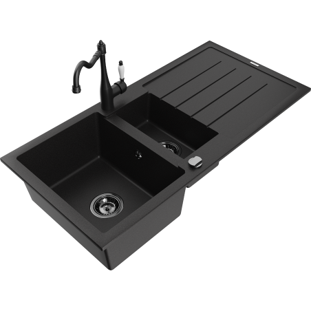 Mexen Andres 1.5-bowl granite sink with drainer and Carla kitchen faucet, black - 6515-77-670700-70-B